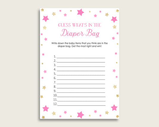 Twinkle Star Guess What's In The Diaper Bag Game, Girl Baby Shower Pink Gold Diaper Game Printable, Instant Download, Most Popular, bsg01