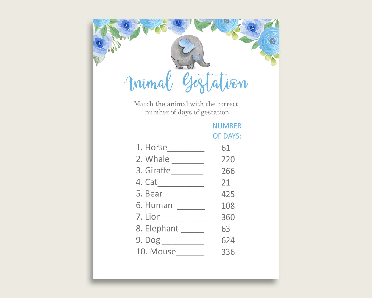 Elephant Blue Animal Pregnancy Gestation Game, Blue Gray Baby Shower Boy Printable Activities, Instant Download, Elephant Trunk Dumbo ebl01