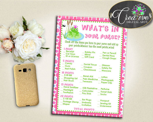 Baby Shower Froggy Green And Pink Bag Items Whats In Purse WHATS IN YOUR Purse, Party Plan, Party Décor, Digital Download - bsf01 - Digital Product