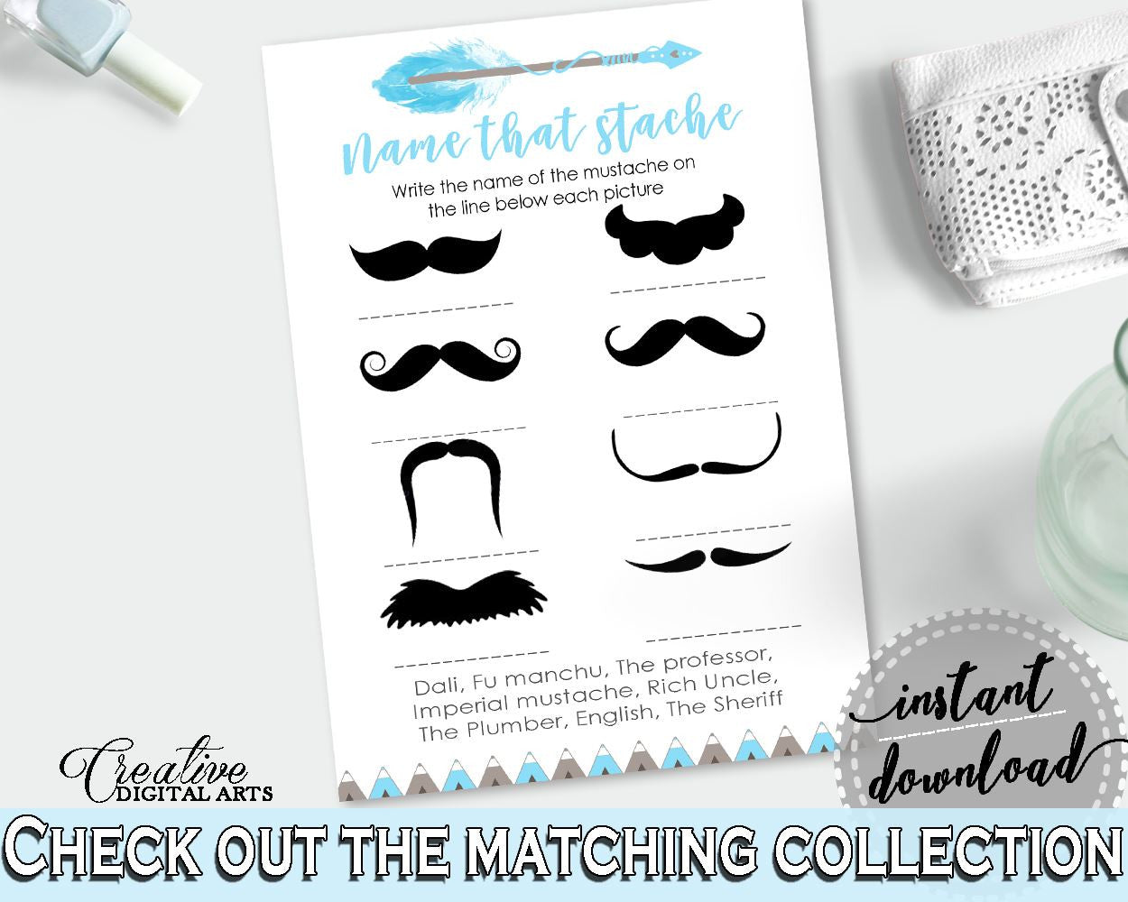 Name That Stache Baby Shower Name That Stache Aztec Baby Shower Name That Stache Blue White Baby Shower Aztec Name That Stache - QAQ18 - Digital Product