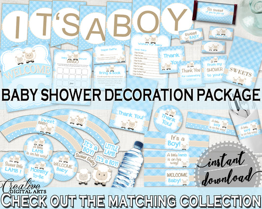 Little Lamb Decoration Baby Shower Boy package blue bundle set printable sheep theme decor, digital files Jpg Pdf - Instant Download - fa001