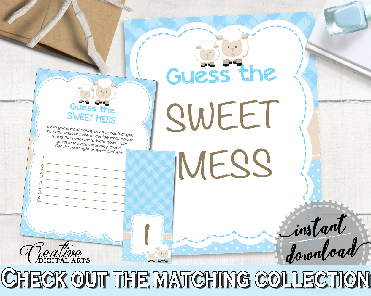 Little Lamb Baby shower Boy GUESS the SWEET MESS game cards tents and sign, sheep shower theme printable, jpg pdf, instant download - fa001