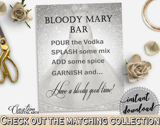 Silver Wedding Dress Bridal Shower Bloody Mary Bar Sign in Silver And White, bridal brunch sign, fancy bridal shower, party theme - C0CS5 - Digital Product