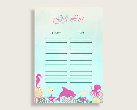 Under The Sea Baby Shower Gift List, Pink Green Gift List Printable, Girl Baby Shower Gift Checklist Sheet, Instant Download, Popular uts01
