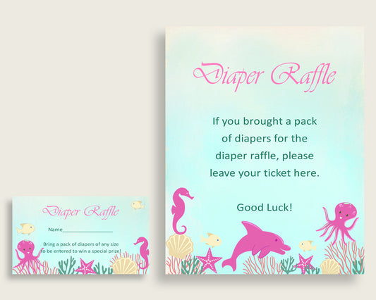 Under The Sea Baby Shower Diaper Raffle Tickets Game, Girl Pink Green Diaper Raffle Card Insert and Sign Printable, Instant Download uts01