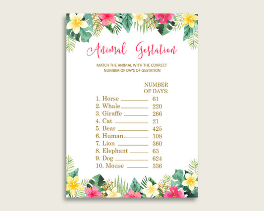 Hawaiian Animal Pregnancy Gestation Game, Pink Green Baby Shower Girl Printable Activities, Instant Download, Summer Theme Luau Aloha 955MG