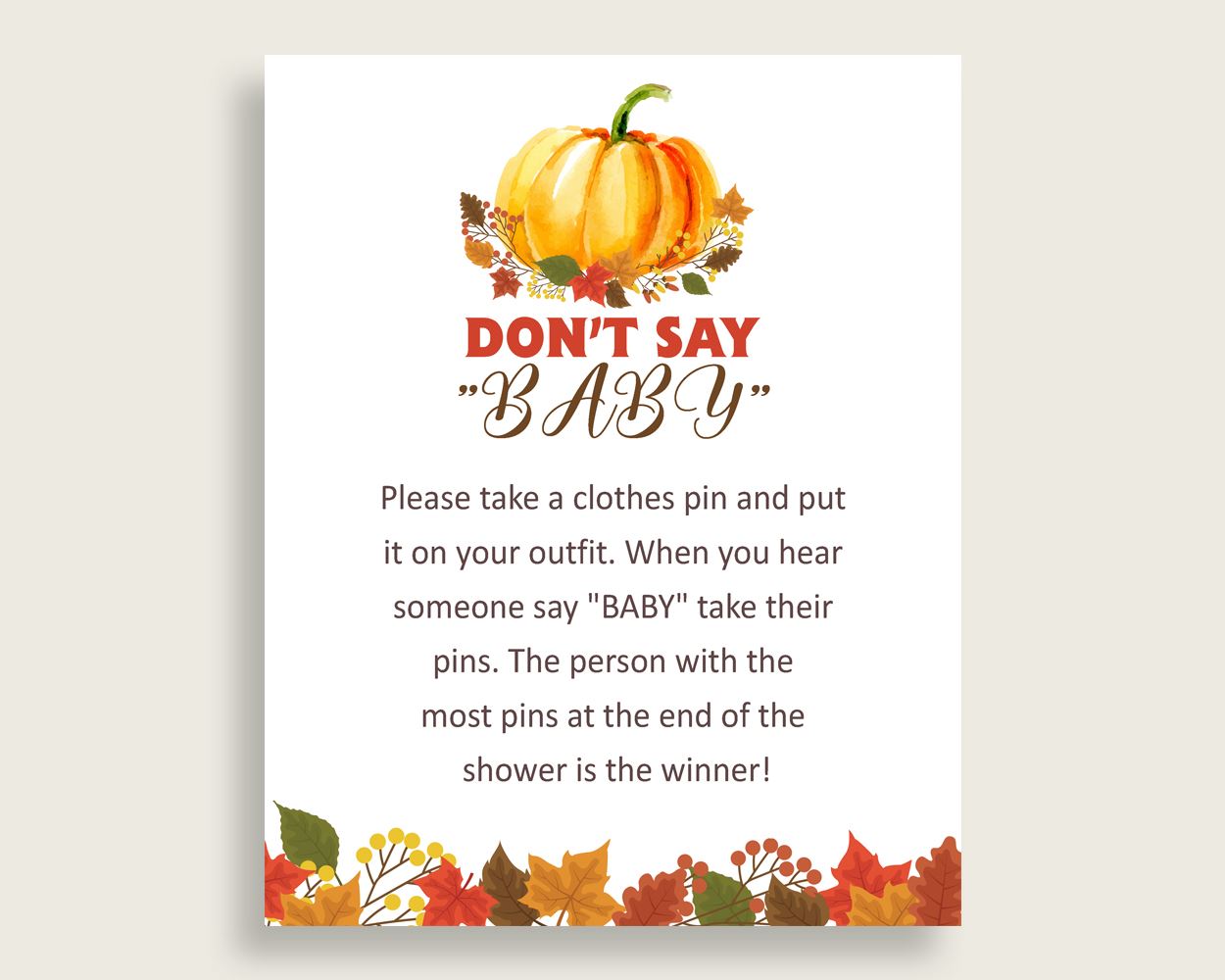 Dont Say Baby Baby Shower Dont Say Baby Fall Baby Shower Dont Say Baby Baby Shower Pumpkin Dont Say Baby Orange Brown digital print BPK3D - Digital Product