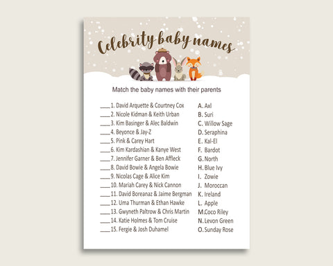 Beige Brown Celebrity Baby Names, Winter Woodland Baby Shower Gender Neutral Name Game Printable, Celebrity Match Game, Famous Babies RM4SN