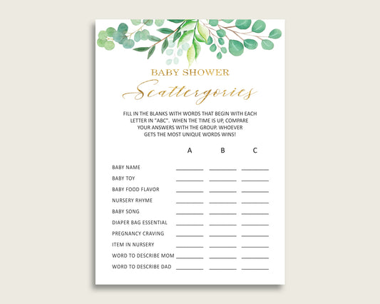 Scattergories Baby Shower Greenery Theme, Green Gold Scattergories Game Printable, Gender Neutral Baby Shower Fun Activity, Leaves Y8X33