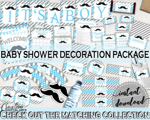 Blue Gray Decoration Package, Baby Shower Decoration Package, Mustache Baby Shower Decoration Package, Baby Shower Mustache Decoration 9P2QW - Digital Product