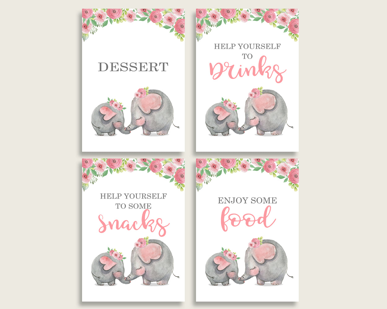 Pink Elephant Baby Shower Girl Table Signs Printable, Pink Grey Party Table Decor, Favors, Food, Drink, Treat, Guest Book, Instant ep001