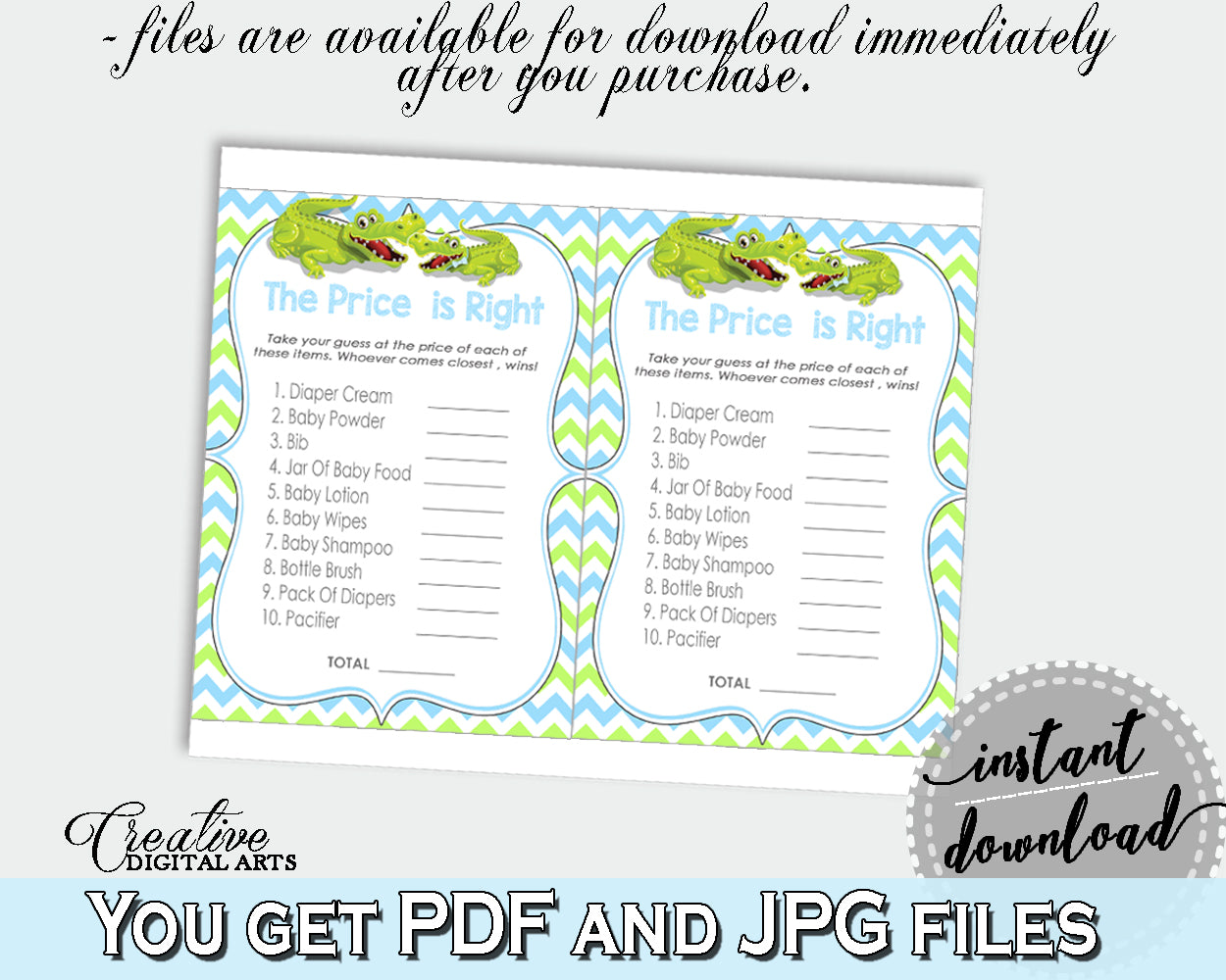 Baby Shower THE PRICE IS RIGHT game with green alligator and blue color theme, instant download - ap002