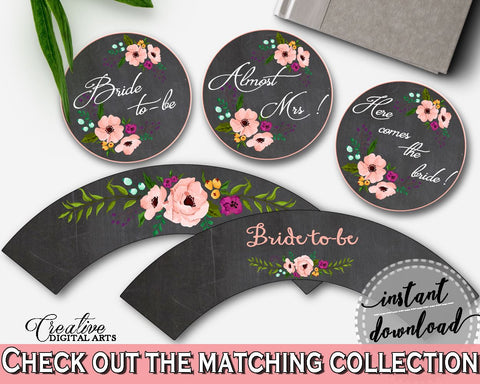 Chalkboard Flowers Bridal Shower Cupcake Toppers And Wrappers in Black And Pink, cupcake folder, chalk bridal shower, paper supplies - RBZRX - Digital Product