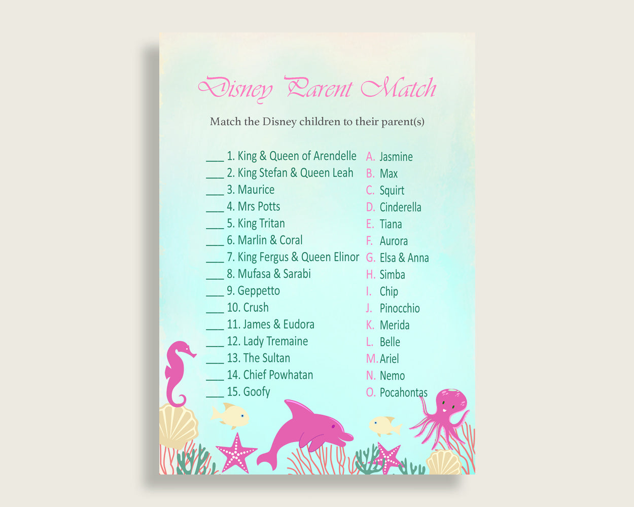 Under The Sea Disney Parent Match Game, Girl Baby Shower Game, Pink Green Match The Disney Parents Printable, Instant Download, uts01