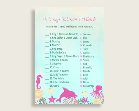 Under The Sea Disney Parent Match Game, Girl Baby Shower Game, Pink Green Match The Disney Parents Printable, Instant Download, uts01