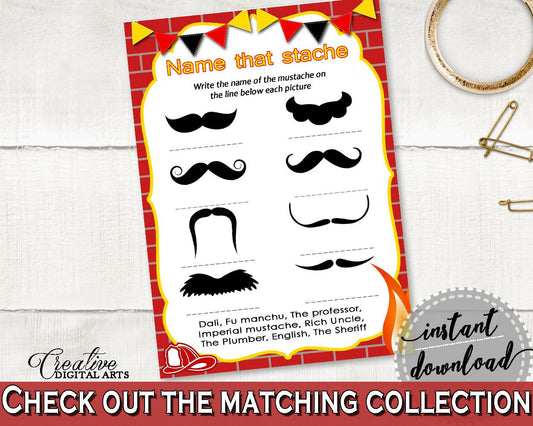 Name That Stache Baby Shower Name That Stache Fireman Baby Shower Name That Stache Red Yellow Baby Shower Fireman Name That Stache - LUWX6 - Digital Product