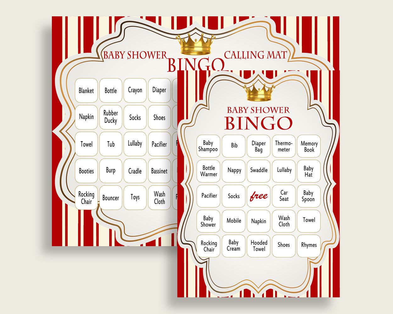 Prince Baby Shower Bingo Cards Printable, Red Gold Baby Shower Boy, 60 Prefilled Bingo Game Cards, Little Prince Most Popular Crown 92EDX