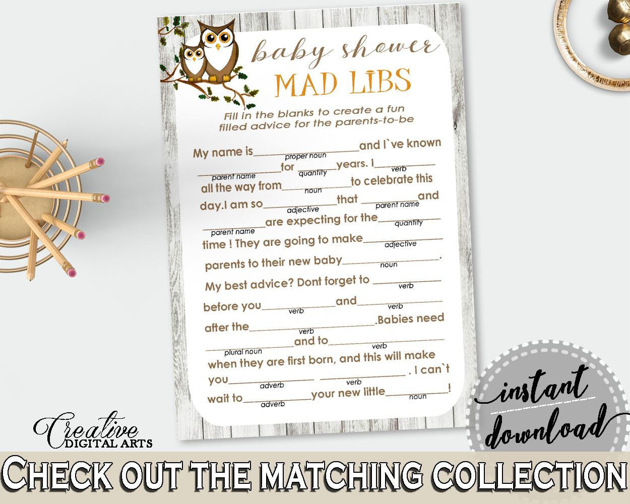 Mad Libs Baby Shower Mad Libs Owl Baby Shower Mad Libs Baby Shower Owl Mad Libs Gray Brown prints - 9PUAC - Digital Product