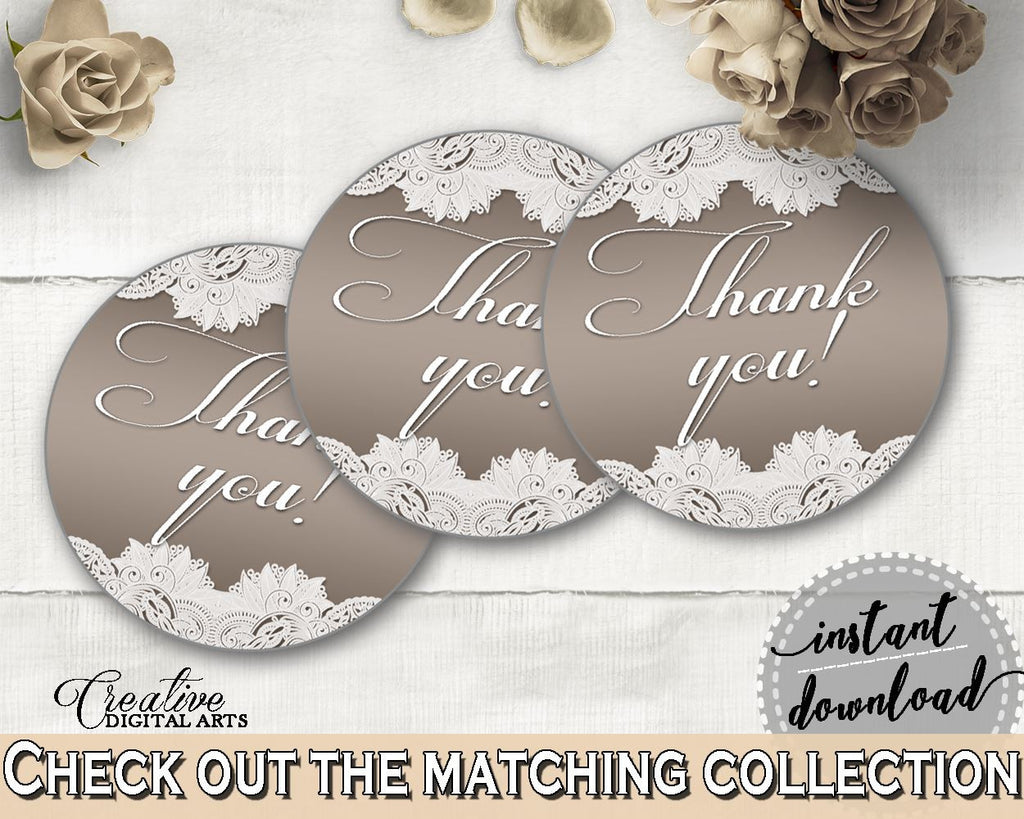 Brown And Silver Traditional Lace Bridal Shower Theme: Thank You Tag - round favors, rustic bridal, party ideas, bridal shower idea - Z2DRE - Digital Product
