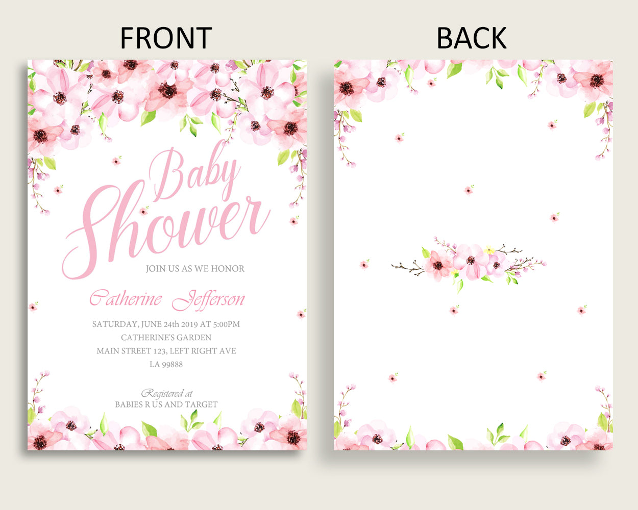 Flower Blush Baby Shower Invitations Printable, Digital Or Printed Invitation Baby Shower Girl, Editable Invitation Pink Green Flowers VH1KL