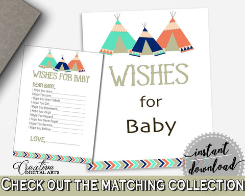 Wishes Baby Shower Wishes Tribal Teepee Baby Shower Wishes Baby Shower Tribal Teepee Wishes Green Navy party stuff - KS6AW - Digital Product