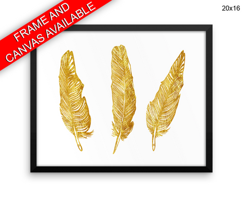 Gold Print, Beautiful Wall Art with Frame and Canvas options available Feathers Decor