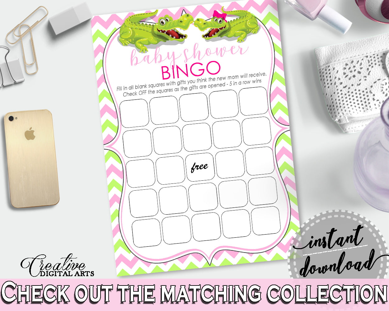 Baby Shower printable BINGO GIFT cards game with green alligator and pink color theme, Jpg Pdf, instant download - ap001