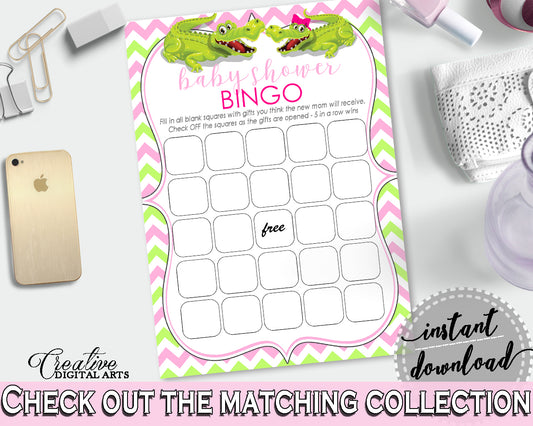 Baby Shower printable BINGO GIFT cards game with green alligator and pink color theme, Jpg Pdf, instant download - ap001