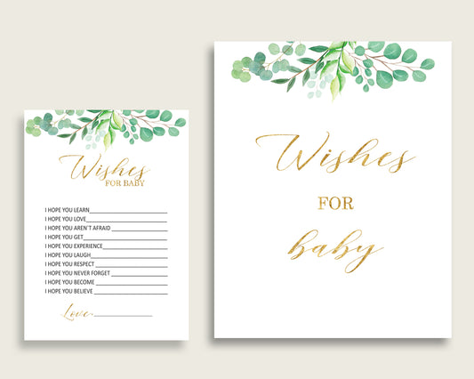 Green Gold Wishes For Baby Cards & Sign, Greenery Baby Shower Gender Neutral Well Wishes Game Printable, Instant Download, Spring Y8X33