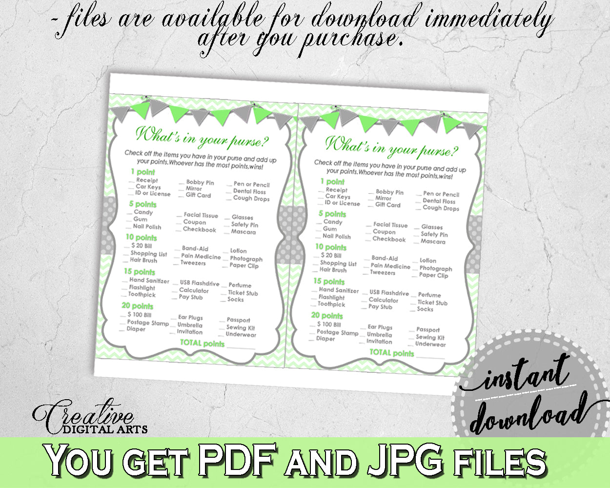 WHAT'S In YOUR PURSE baby shower game with chevron green color theme printable, digital Jpg Pdf, instant download - cgr01