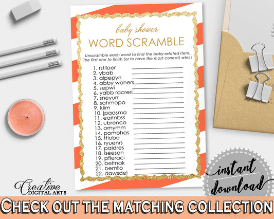 WORD SCRAMBLE baby shower game with glitter gold and orange stripes theme printable, digital files jpg pdf, instant download - bs003