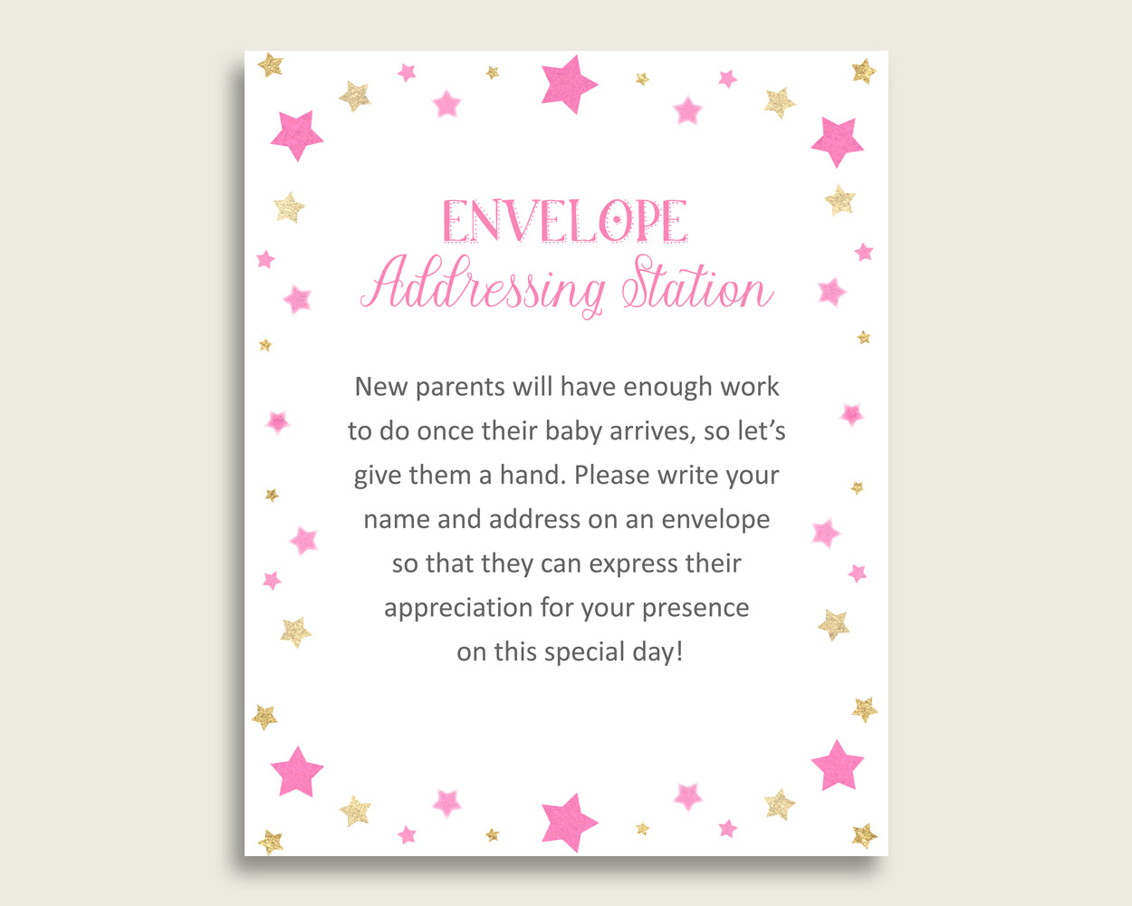 Pink Gold Baby Shower Address Sign Printable, Twinkle Star Envelope Station Sign, Envelope Addressing Baby Shower Girl, Cute Stars bsg01