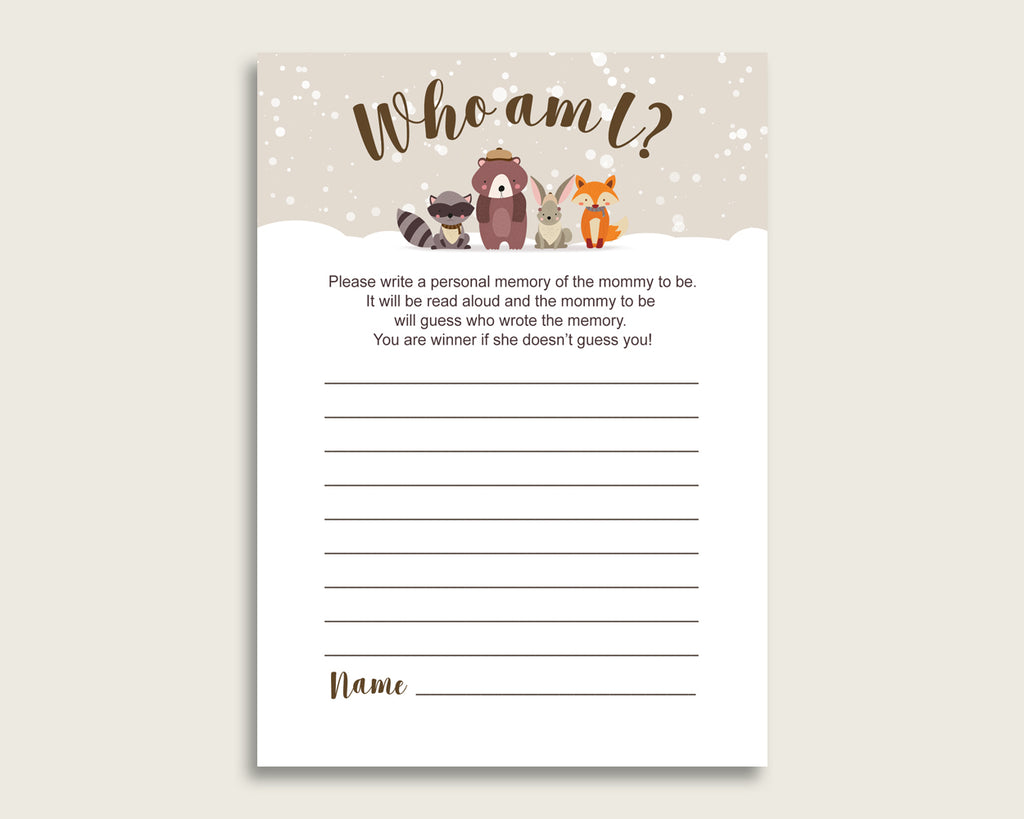 Winter Woodland Who Am I Game Printable, Gender Neutral Baby Shower Memory With Mommy, Beige Brown Baby Shower Activity, Instant RM4SN