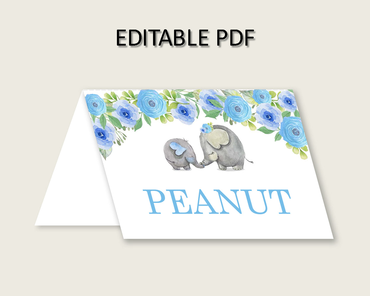 Elephant Blue Folded Food Tent Cards Printable, Blue Gray Editable Pdf Buffet Labels, Boy Baby Shower Food Place Cards, Instant ebl01