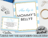 How Big Is MOMMY'S BELLY baby shower printable game with blue and white stripes, glitter gold, Jpg Pdf, instant download - bs002