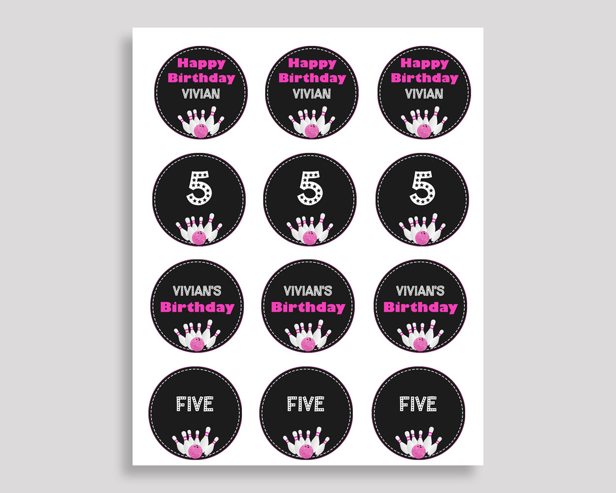 Bowling Birthday Cupcake Toppers, Bowling Birthday Cupcake Wrappers, Editable Pink Black Toppers Wrappers Girl, Digital Download, WYP5V