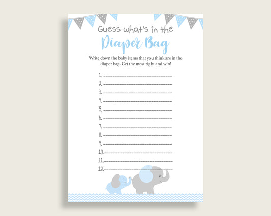 Elephant Guess What's In The Diaper Bag Game, Boy Baby Shower Blue Grey Diaper Game Printable, Instant Download, Most Popular, ebl02