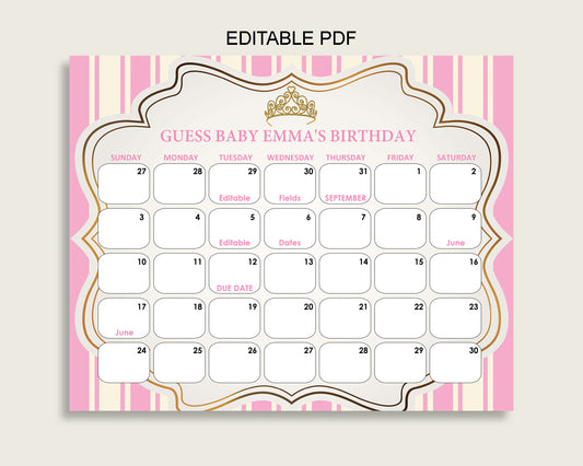 Pink Gold Guess Baby Due Date Calendar Game Printable, Royal Princess Baby Shower Girl Birthday Prediction Calendar Editable, Instant rp002