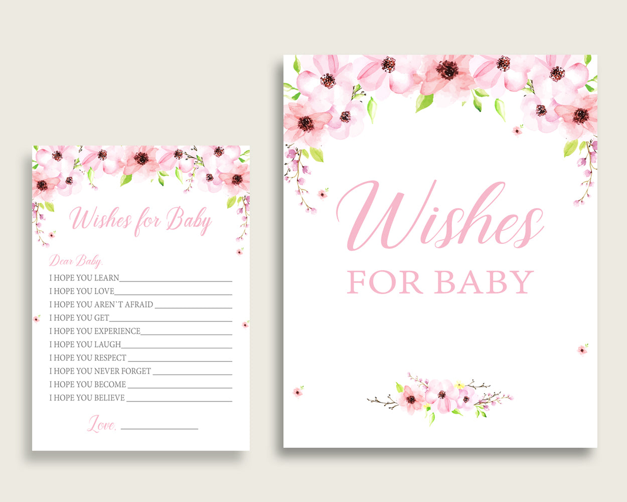 Pink Green Wishes For Baby Cards & Sign, Flower Blush Baby Shower Girl Well Wishes Game Printable, Instant Download, Watercolor VH1KL