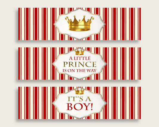 Red Gold Water Bottle Labels Printable, Prince Water Bottle Wraps, Prince Baby Shower Boy Bottle Wrappers, Instant Download, Crown 92EDX