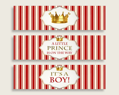 Red Gold Water Bottle Labels Printable, Prince Water Bottle Wraps, Prince Baby Shower Boy Bottle Wrappers, Instant Download, Crown 92EDX