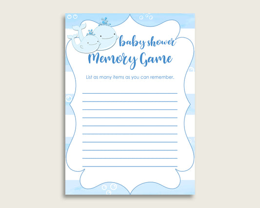 Whale Baby Shower Memory Game, Blue White Memory Guessing Game Printable, Baby Shower Boy, Instant Download, Light Blue Nautical Sea wbl01