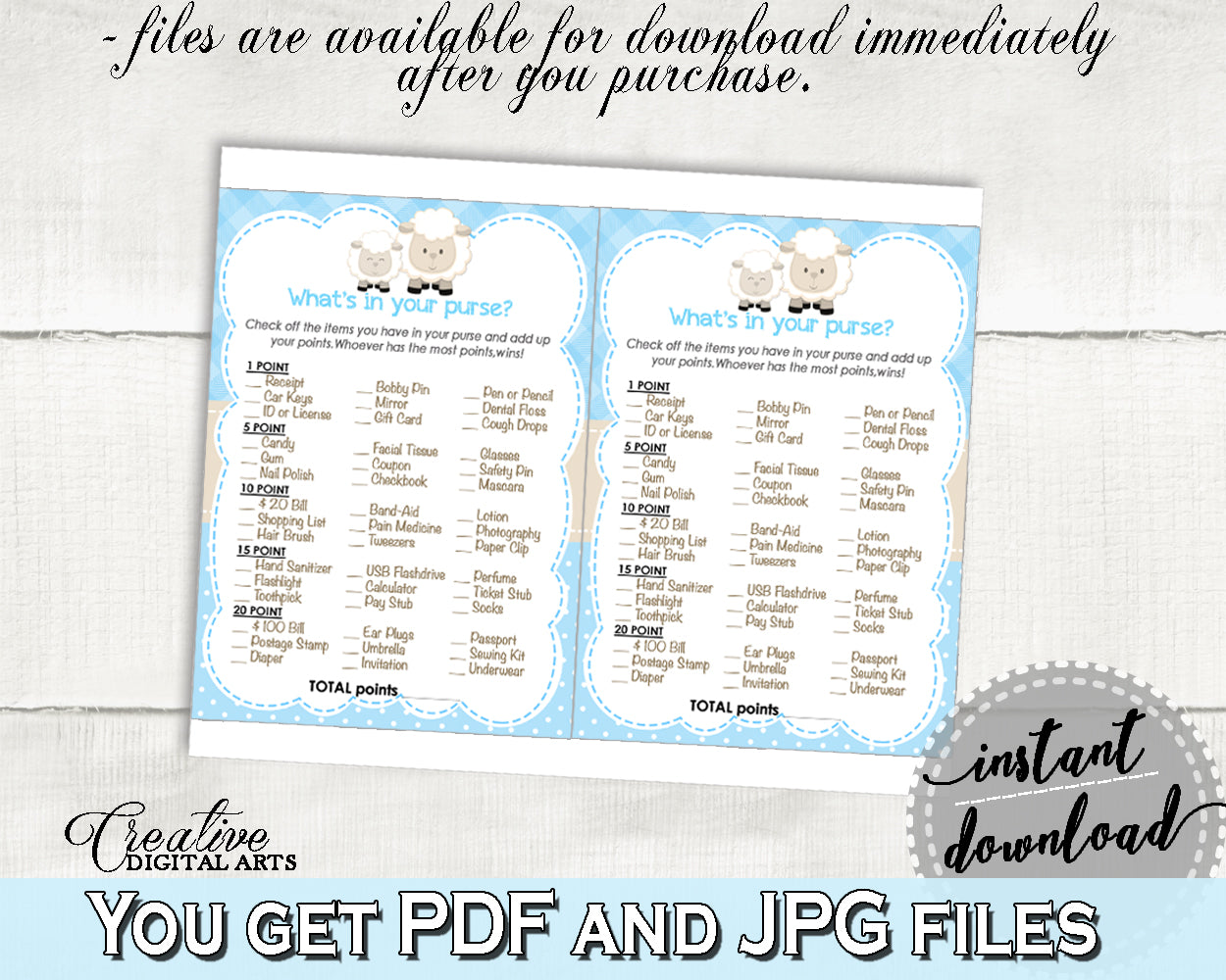 Little Lamb WHAT'S In YOUR PURSE blue baby shower boy game printable, sheep shower theme, digital files Jpg Pdf, instant download - fa001