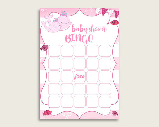 Pink White Baby Shower Bingo Blank Game Printable, Pink Whale Baby Shower Girl Bingo Blank Cards, Bingo Gift Opening Game, Popular wbl02