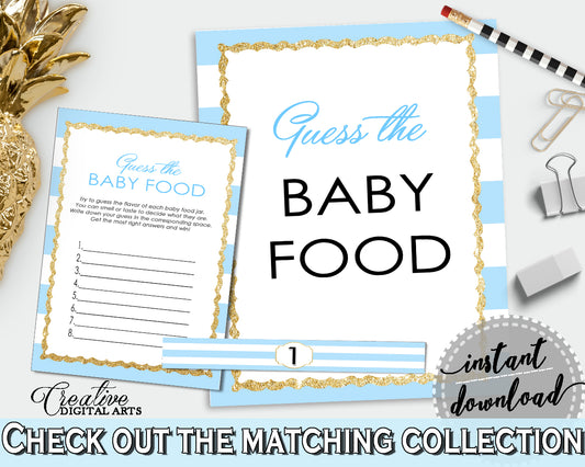 GUESS The BABY FOOD printable game for baby shower with blue stripes theme, glitter title, digital, Jpg Pdf, instant download - bs002