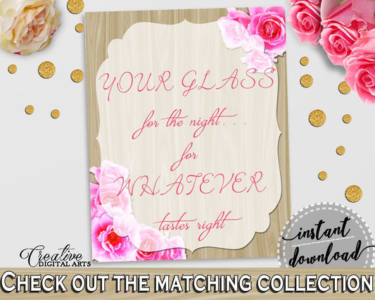 Roses On Wood Bridal Shower Your Glass For The Night Sign in Pink And Beige, bridal glass sign, elegant chic, digital print, prints - B9MAI - Digital Product