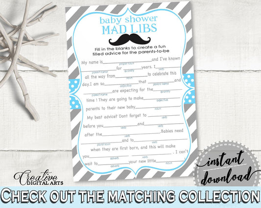 Blue Gray Mad Libs, Baby Shower Mad Libs, Mustache Baby Shower Mad Libs, Baby Shower Mustache Mad Libs shower celebration - 9P2QW - Digital Product