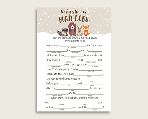 Beige Brown Mad Libs Baby Shower Gender Neutral Game Printable, Winter Woodland Mad Libs Fun Activity, DIY digital file, Woods Theme RM4SN