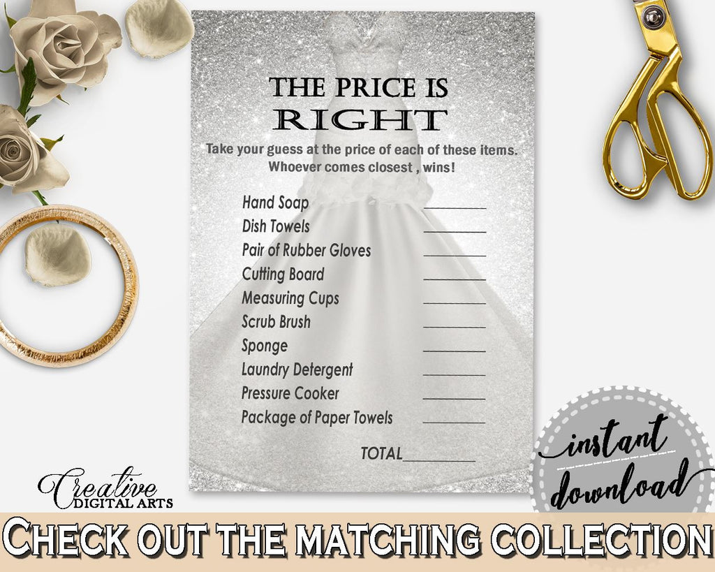 The Price Is Right Game in Silver Wedding Dress Bridal Shower Silver And White Theme, price game, glittering bridal, digital print - C0CS5 - Digital Product