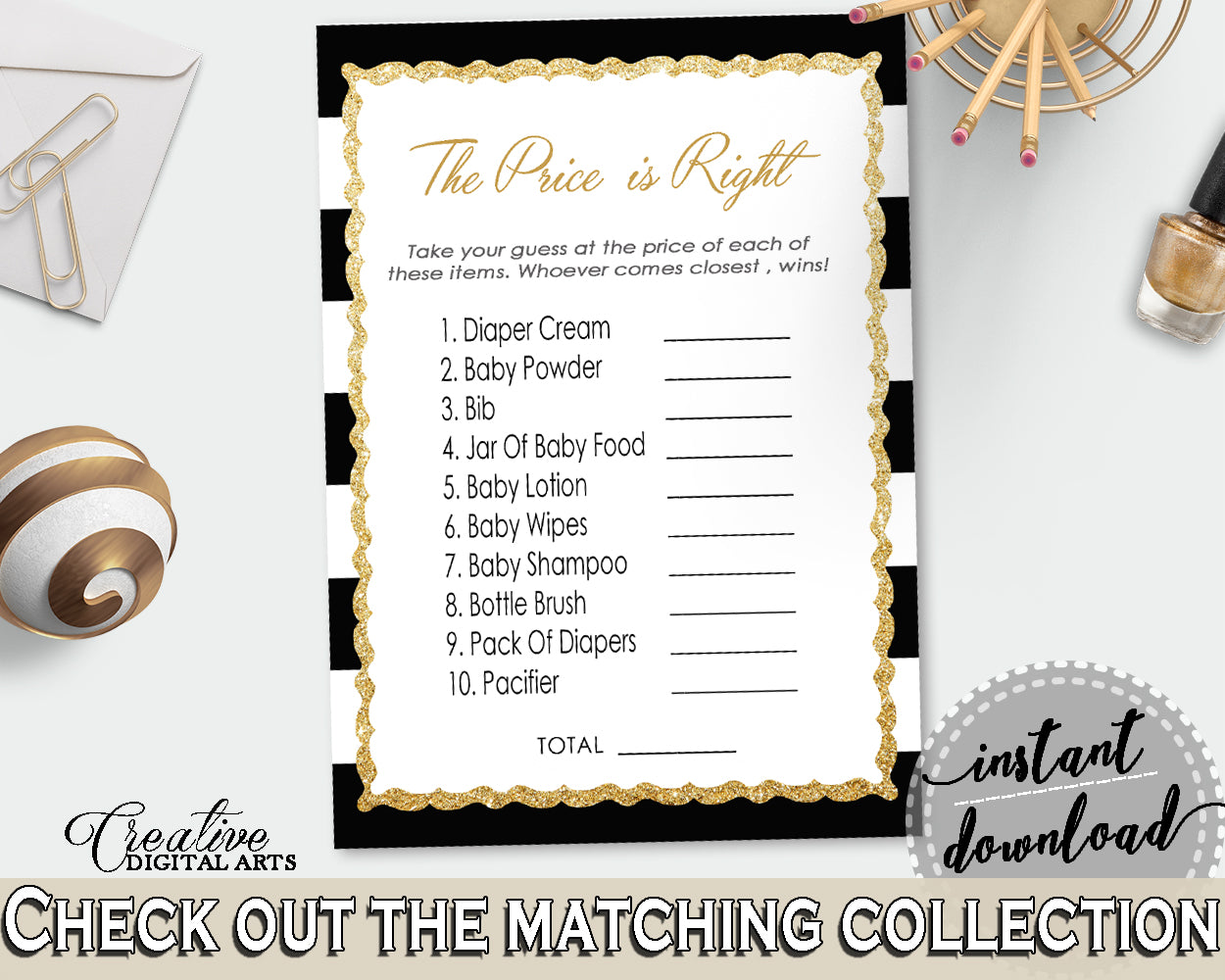 Baby Shower The PRICE IS RIGHT game with black white stripes color theme printable, digital files Jpg Pdf, instant download - bs001